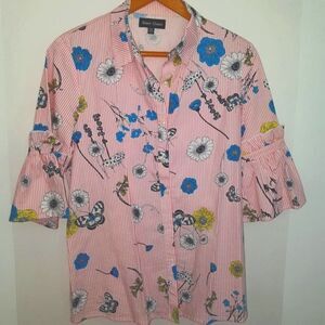 SILENT CHAOS Pink White Stripped Blouse with Blue, Yellow & Black Flowers MEDIUM